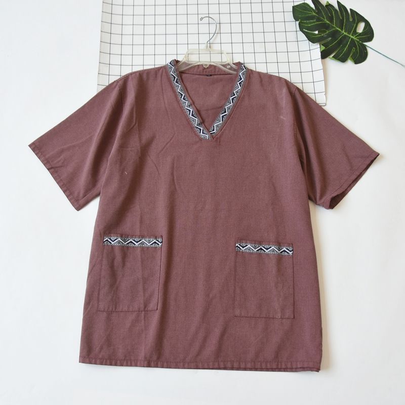 

Label Cutting Plus Size Summer Men and Women Woven Cotton V Neck Short Sleeve Pajamas Moisture-Wicking Clothing Comfortable Loose Homewear Tops Burgundy 2XL