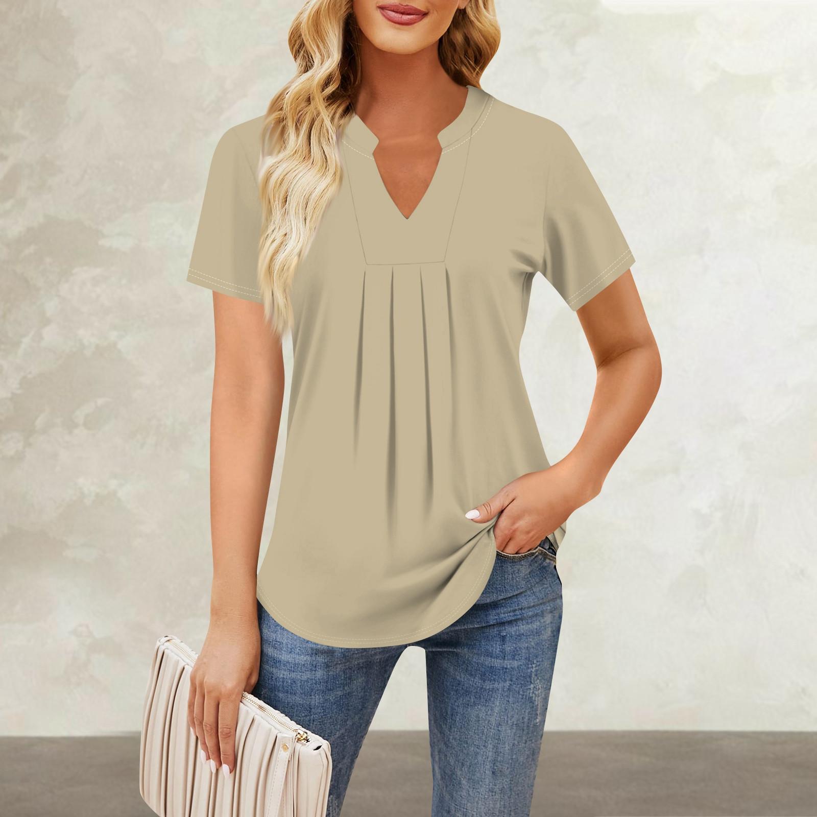 

Женская повседневная свободная футболка с коротким рукавом и v-образным вырезом на груди, плиссированная свободная футболка с принтом, топ XL хаки