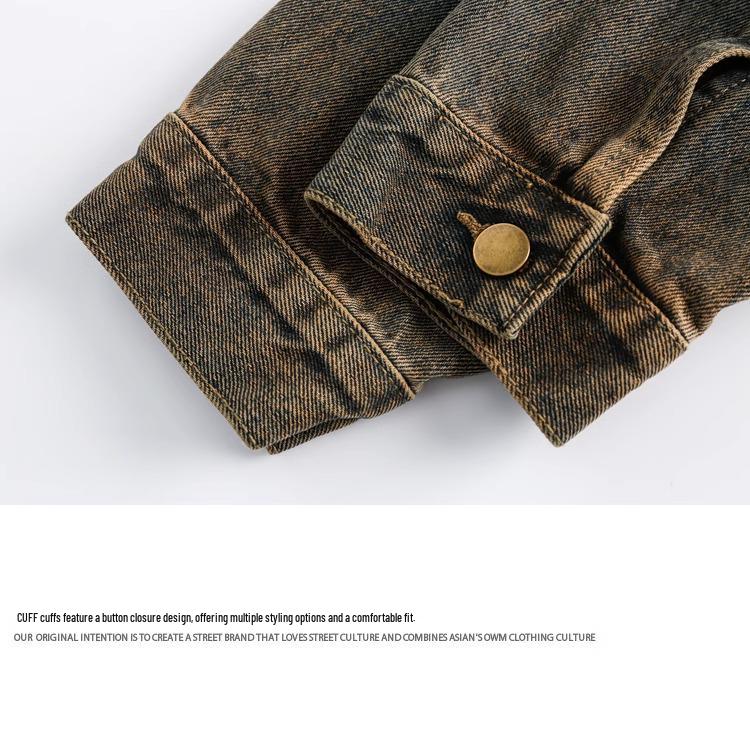 Women's Retro Hong Kong-Style Frayed Denim Jacket: Stand Collar with Large Pockets, Loose Fit, Slimming Design for Autumn