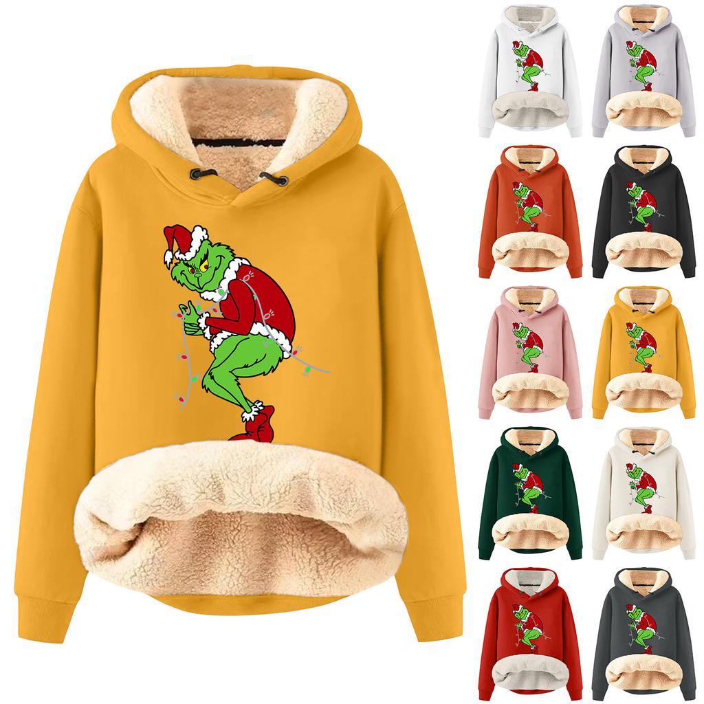 Modny damski sweter z kapturem, nadrukowany, pluszowy i pogrubiony, ciepły i luźny