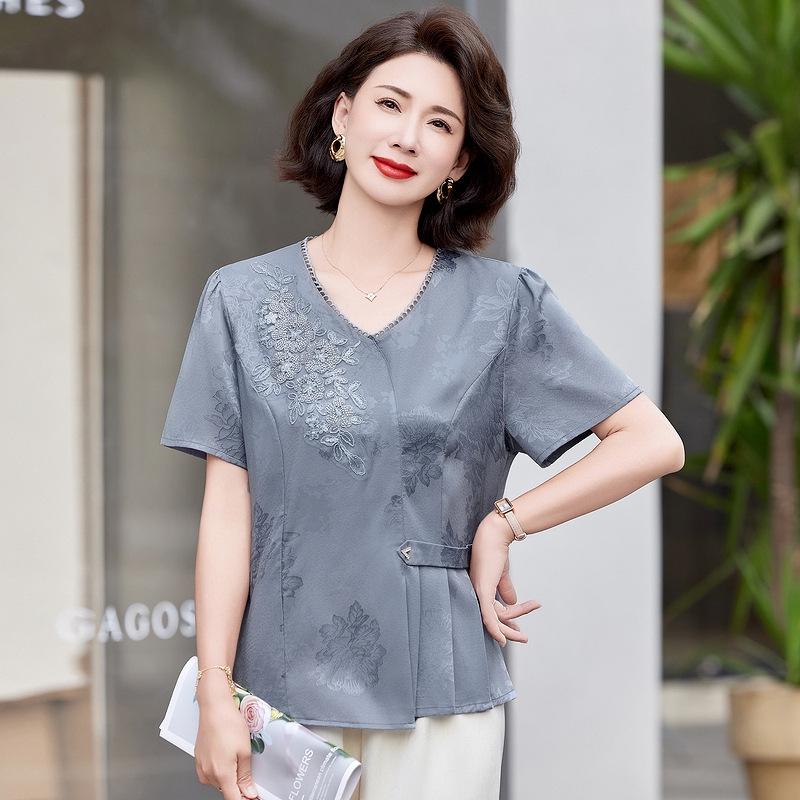 

Elegant Chinese Style Short-Sleeve Blouse for Middle-Aged Women L [for 85-105 lbs]