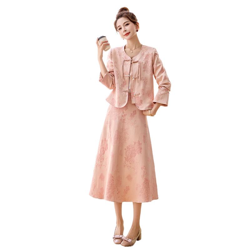 Set Jachetă și Fustă Retro Chinezesc Jacquard cu Nasturi Broască pentru Femei 2025