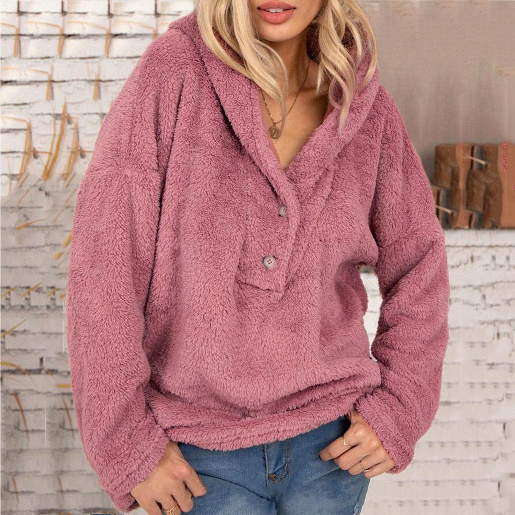 Women Casual Plus Size Loose Hoodie Plush Button Solid Color Loose Sweater Top