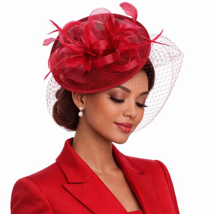Hot-selling European and American boutique feather flower mesh gauze hat bridal headgear fashion hair accessories top hat hemp yarn headgear