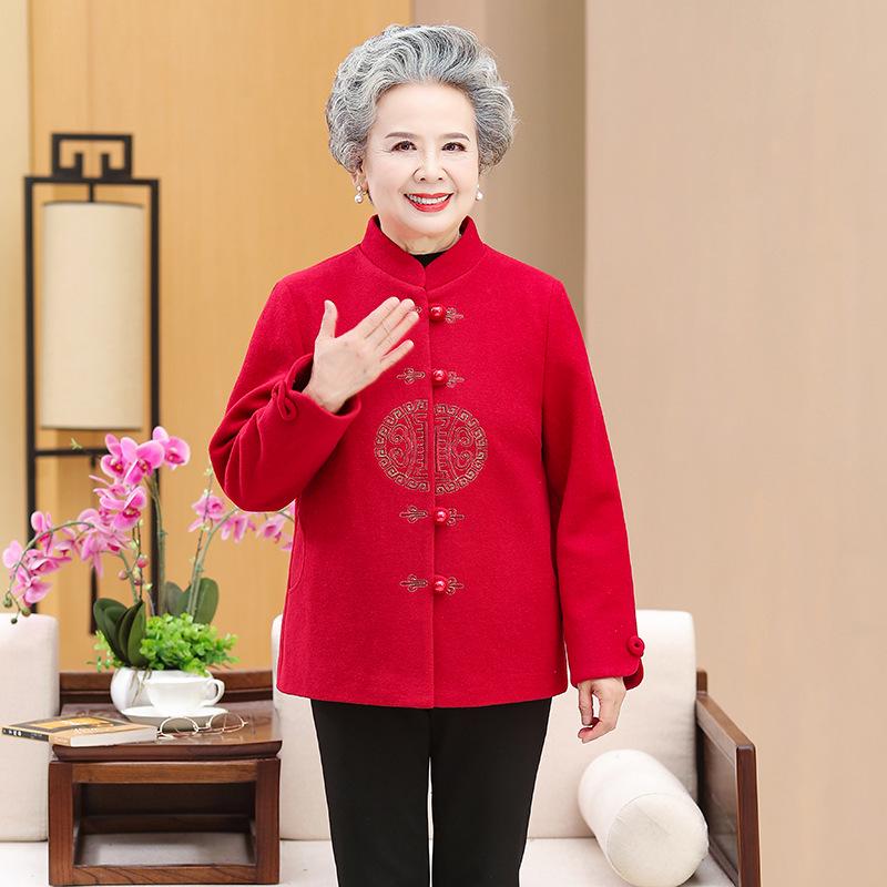 Spring and Autumn Wool Coat for Elderly Women: Elegant Tang Suit for 70-Year-Old Moms and Grandmas