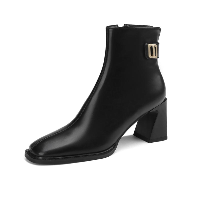 

Fashion Women s New Autumn/Winter Square Head Metal Accessories Genuine Cowhide High Heel Zipper Size Retro Chelsea Calf Short Boots 31 чёрный