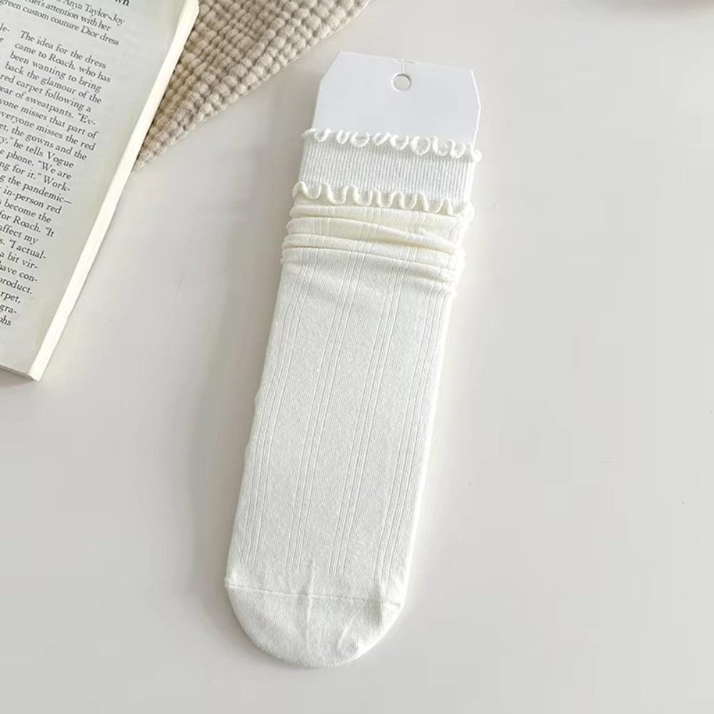 1 Pair Solid Color Ruffle Socks Vertical Stripes Korean Style Socks Comfy Frilly Socks  Daily Wear