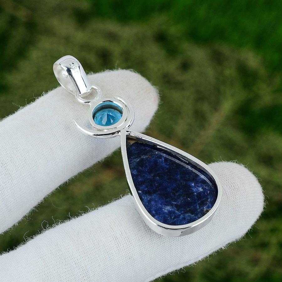 Sterling Silver Pear Natural Sodalite Swiss Blue Topaz Handmade Pendant Jewelry
