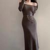 [] One-word Shoulder Base Knitted Dress for Women's Autumn and Winter, Super Good-looking Slim-fitting Inner Hip-wrapped Dress