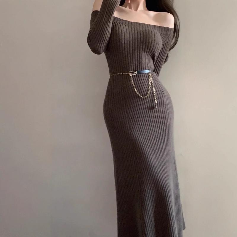 [] One-word Shoulder Base Knitted Dress for Women's Autumn and Winter, Super Good-looking Slim-fitting Inner Hip-wrapped Dress