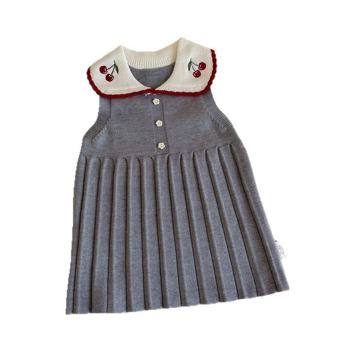 Red Cherry Blossom Knitted Sleeveless Dress for Girls - Spring/Autumn Style with Lapel