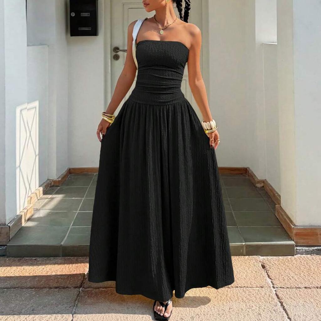 Women Sleeveless Strapless Tube Top Maxi Dress Casual Fitted Elegant Ruched Bodice Flowy Long Dress for Summer Party Vacation