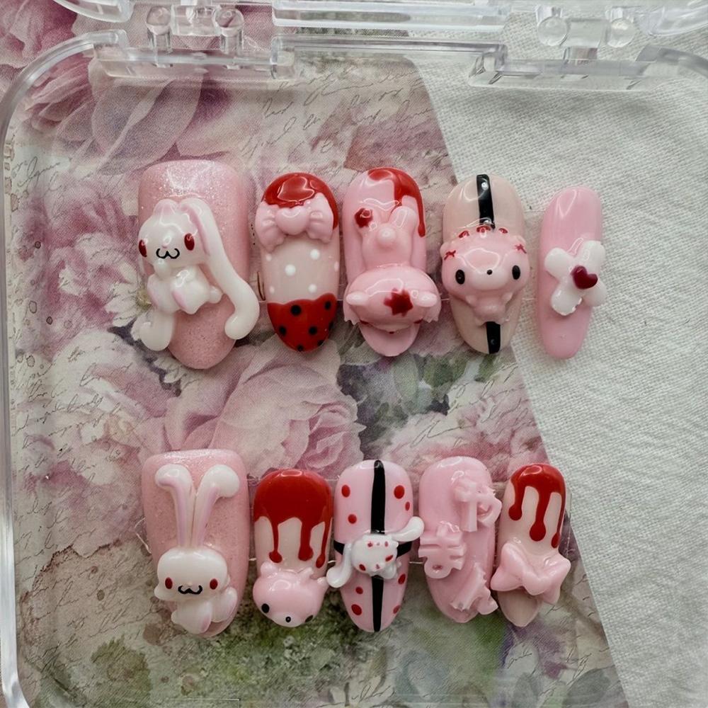 Cute Pink Rabbit Love Bear 3D Star Butterfly Knot Wing Dot Ellipse Fake Nails Birthday Gift Nail Art