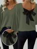 Women's Solid V-Neck Long Sleeve Casual Bow Sweater