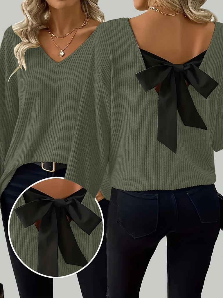 Women's Solid V-Neck Long Sleeve Casual Bow Sweater