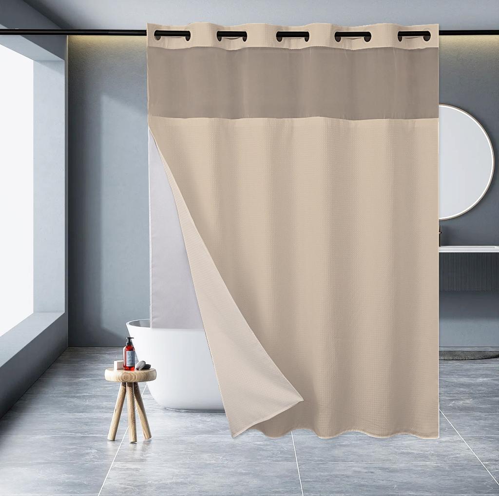 No Hook Shower Curtain with Snap In Liner, 230GSM Waffle Weave Shower Curtains for Bathroom, Hotel Grade,Spa Like Bath Curtain
