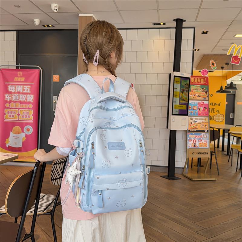 Cute Bear Print Backpack for Girls Teenagers Large Capacity School Bag Lightweight Student Rucksack