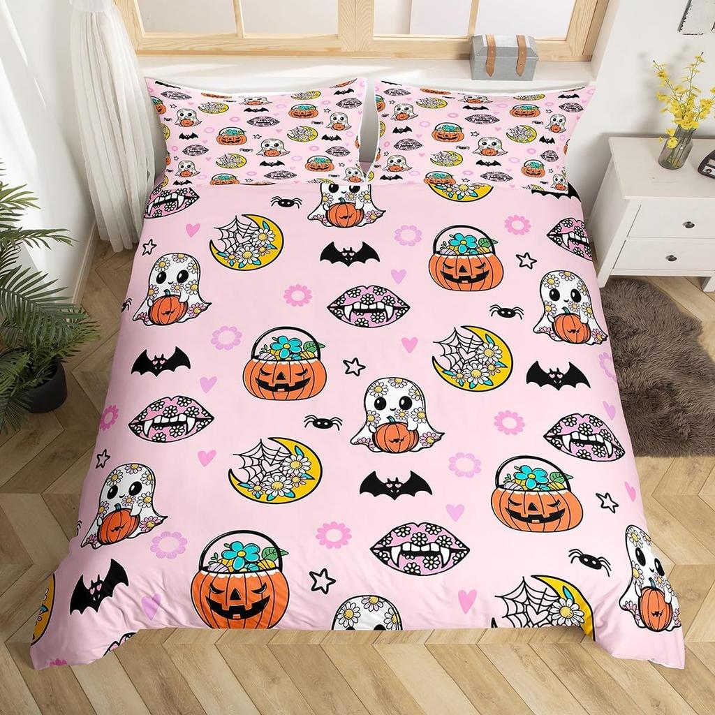 Cartoon Ghost Duvet Cover Scary Halloween Theme Bedding Set Spooky Pumpkin Comforter Cover Skull Skeleton Bed Cover Twin Queen