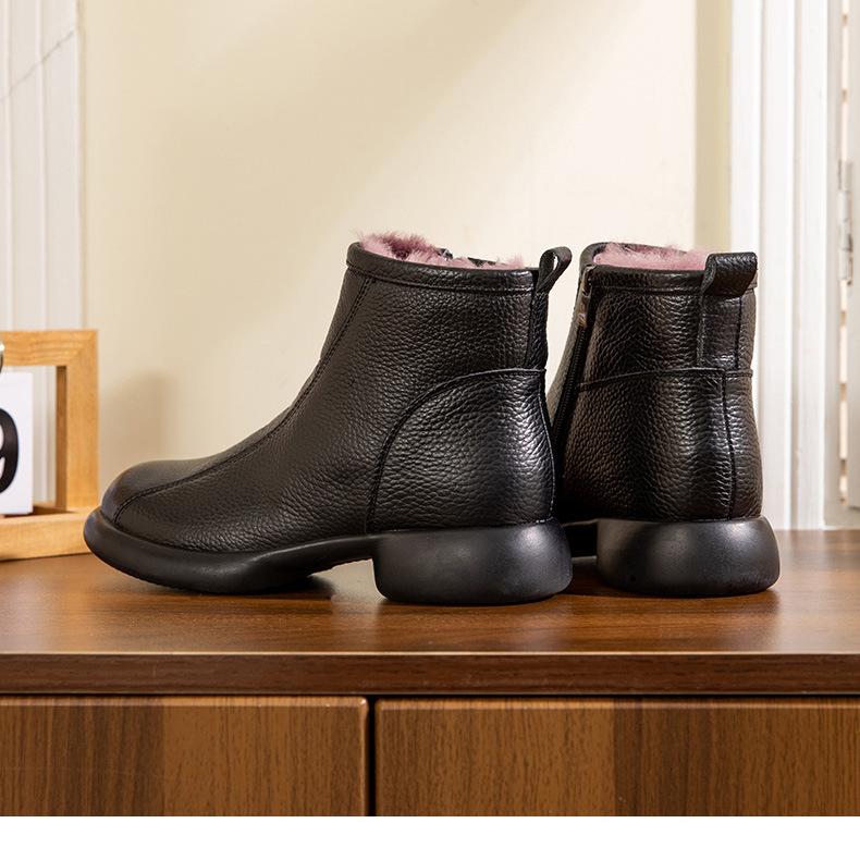 Johnature Thick And Warm Cotton Shoes Women's Winter Genuine Leather Anti Slip Low Heel Plush Short Boots