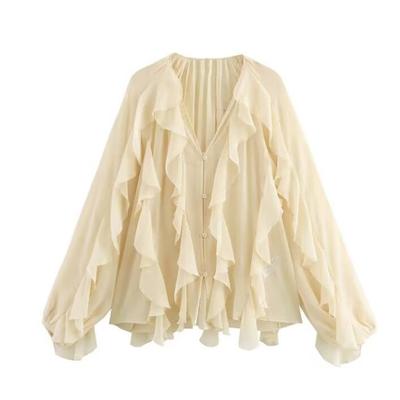 Women's Casual Ruffled Shirt Loose Lace Up Hollow Out V Neck Tops Spring Blouses Women Clothes