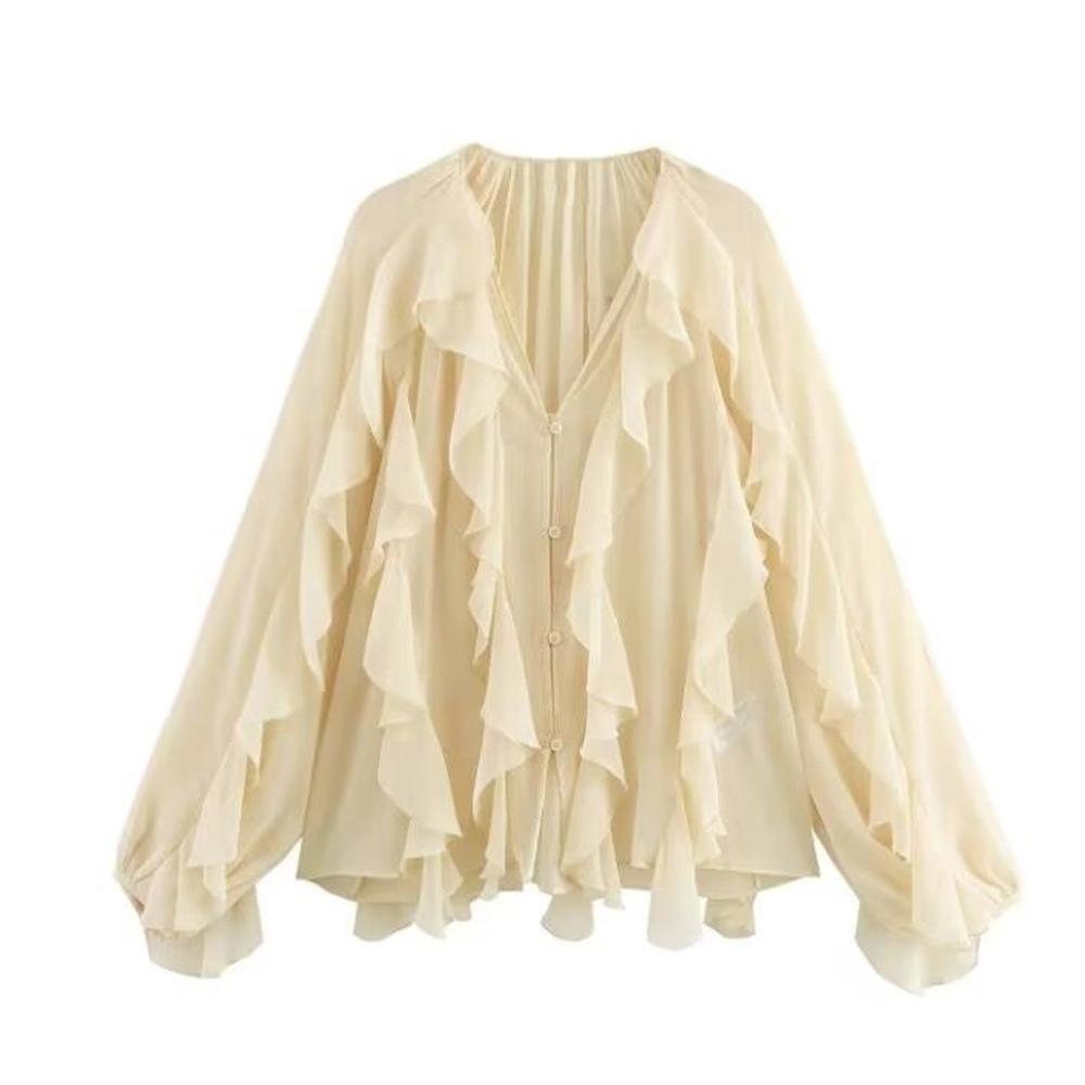 Women s Casual Ruffled Shirt Loose Lace Up Hollow Out V Neck Tops Spring Blouses Women Clothes XS