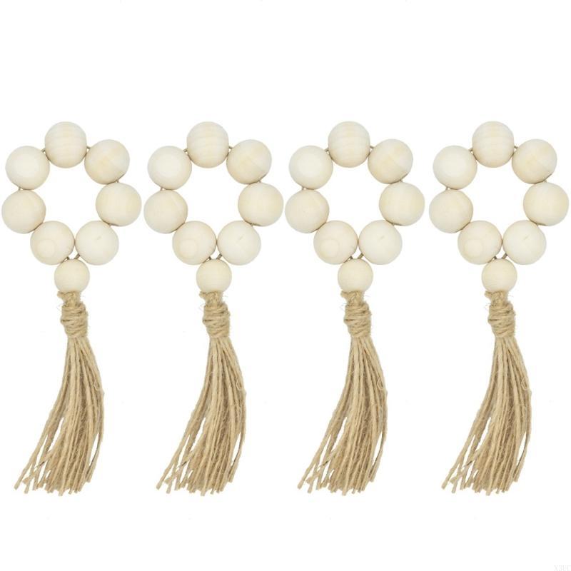 

Napkin Rings Handmade Bead Napkin Holder Rings with Rope Tassel Table Decor X3UC