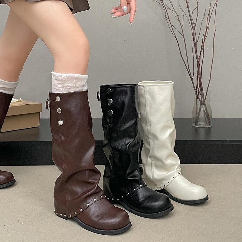 Retro stacking round head locomotive boots long boots autumn no boots new trousers long tube fashion women's rivets thick heel