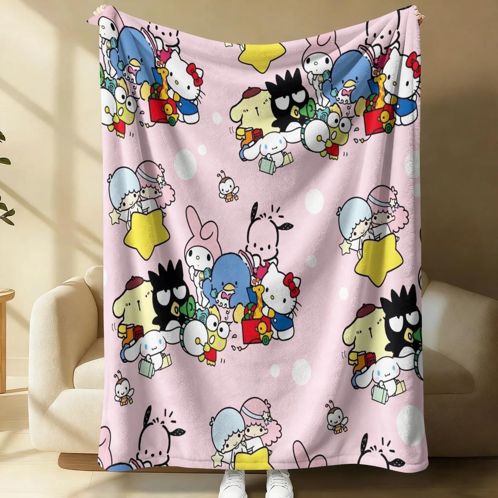 Playful Sanrio Collage Flannel Blanket Soft Warm Throw Hello Kitty Couch Bed Cover Lightweight Summer Nap Blanket Sweet Gift