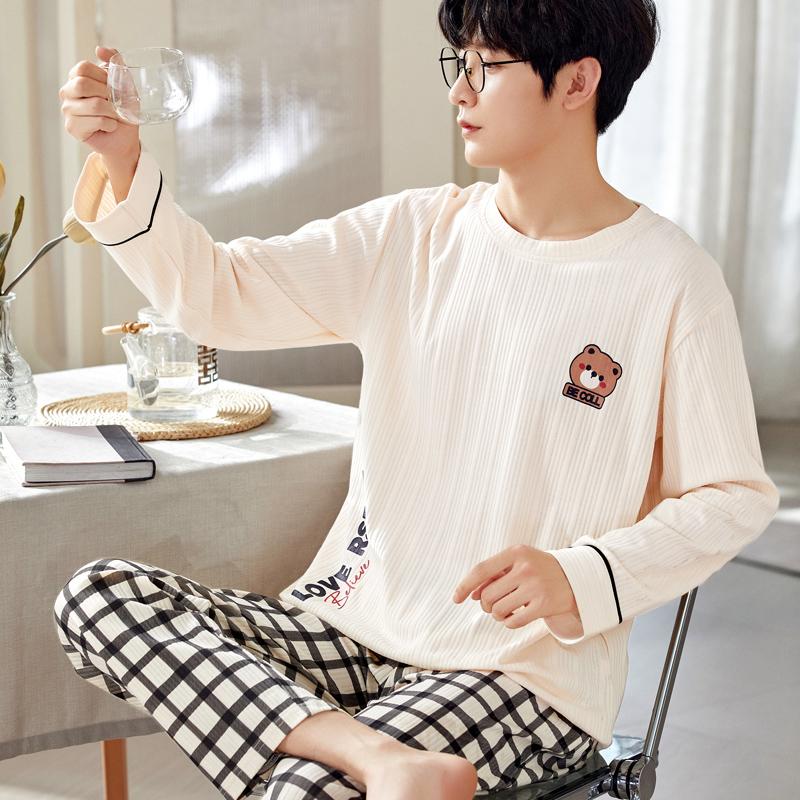 Autumn Cotton Pijama for Men  Lounge Pyjamas Set Male 2 Pieces Set Sleepwear Sleeping Top Pant Home Suit