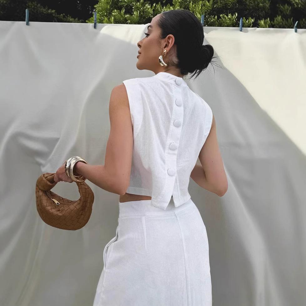 Spring and Summer New White Cotton and Linen Sleeveless Stand-up Collar Top Slit Loose Long Skirt Two-piece Set Simple Commuter Suit Women