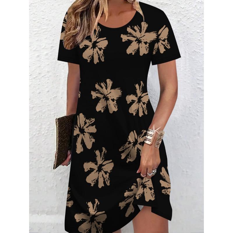

Elegant Casual Fashionable Holiday All-over Printed Breathable Round Neck Short-sleeved T-shirt Dress S