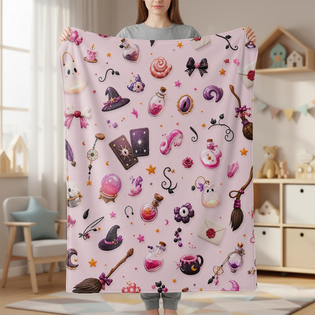 Pink Background Witch Broom Potion Crystal Cute Magic Element Print Soft Flannel Throw Blanket Warm Blanket For Sofa Bed Sweet