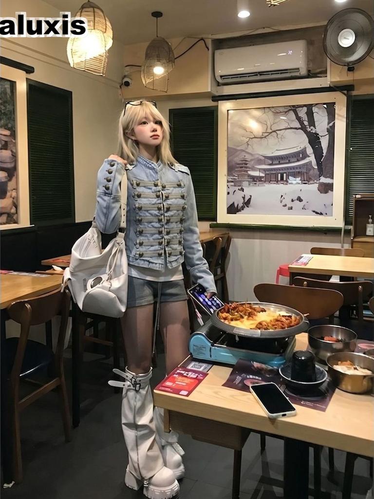 Napoleon Windbreaker Green Denim Short Jacket - Subculture American Style Stand-Collar Spread Collar Reworked