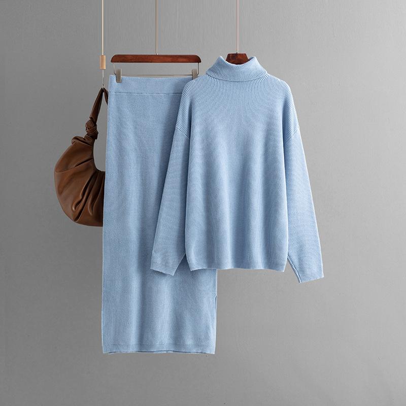 Pullover sweater two-piece set women's autumn and winter new solid color split knitted skirt set