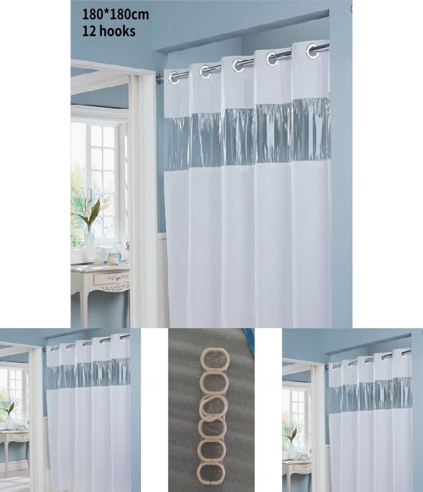 Striped Polyester Shower Curtain With Punched Grommets And Seam Construction For Hotel Use