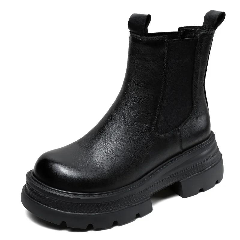 

Модные 6 см роскошные дизайнерские ботинки челси для женщин из натуральной коровьей кожи с широким носком на толстом высоком каблуке и платформе, сапоги до середины голени, новинка 2024 года 40 чёрный