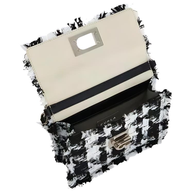 New Furla 1927 Collection Plaid Pearl Velvet Fabric Handbag Shoulder Bag Crossbody Bag Mini Women's White & Black BAFKACO-BX1025-P0100