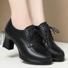 Lace-up Leather Shoes for Women, Elegant Deep-mouthed Single Shoes, High-heeled Spring and Autumn Style, Middle-aged Ladies' Leather Shoes