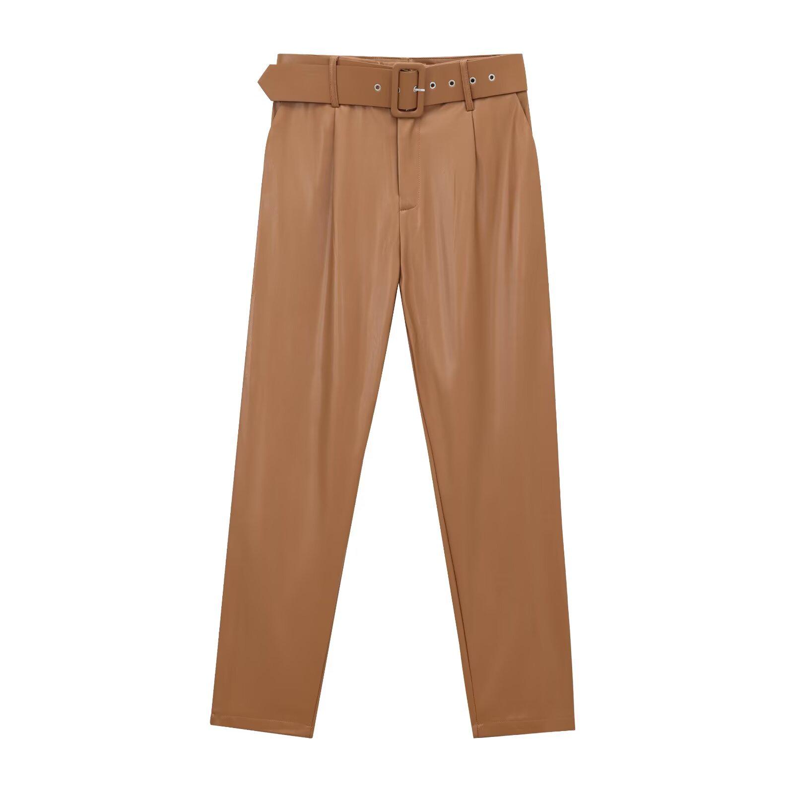 

2024 Женские Зимние Кожаные Брюки с Завышенной Талией и Поясом - Европейский и Американский Стиль, Модные и Универсальные. Medium светло-коричневого