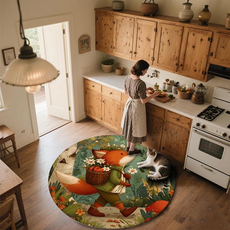 Cute Fox,Round Area Rug,Carpet Rug for Living Room Bedroom Sofa Playroom Decor,Non-slip Floor Mat