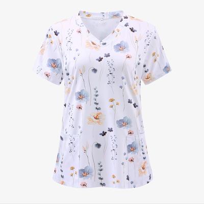 Women Short Sleeve Tops With Pocket Working Uniform Flower Cat Printed T-Shirts Uniforms Short Sleeved Scrubs For Women