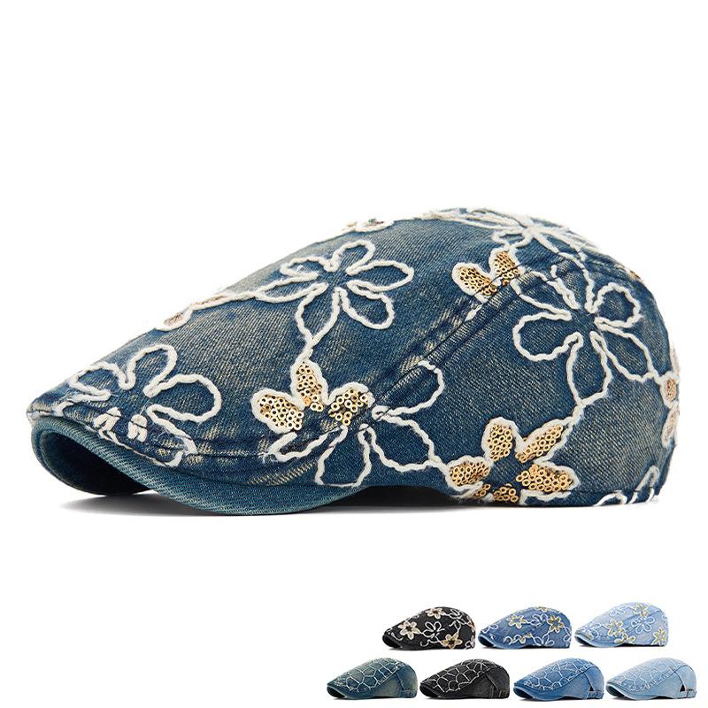 Spring Summer Newsboy Hat Women Sequins Embroidered Flower Beret Denim Retro Progressive Hat