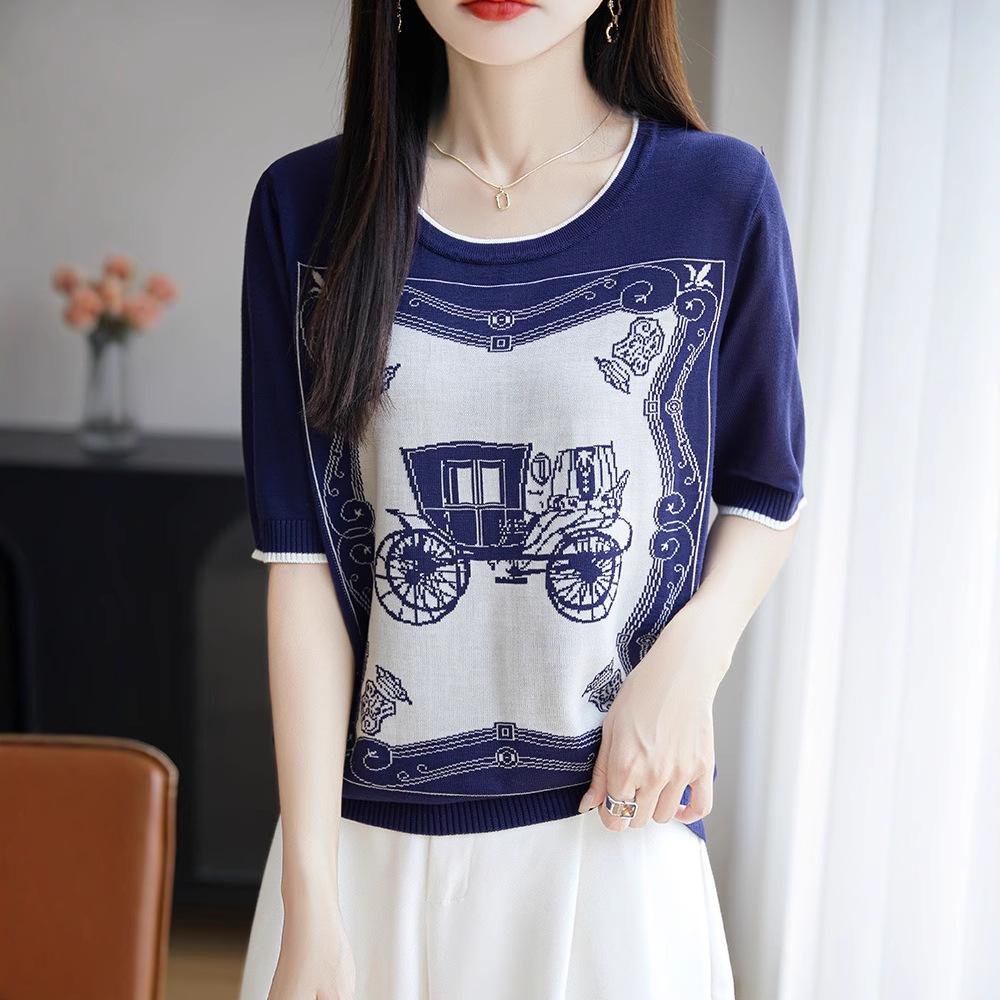 Summer Women's Round Neck Loose Knitted T-shirt Color Blocked Jacquard Short Sleeve Knitted Shirt for Women