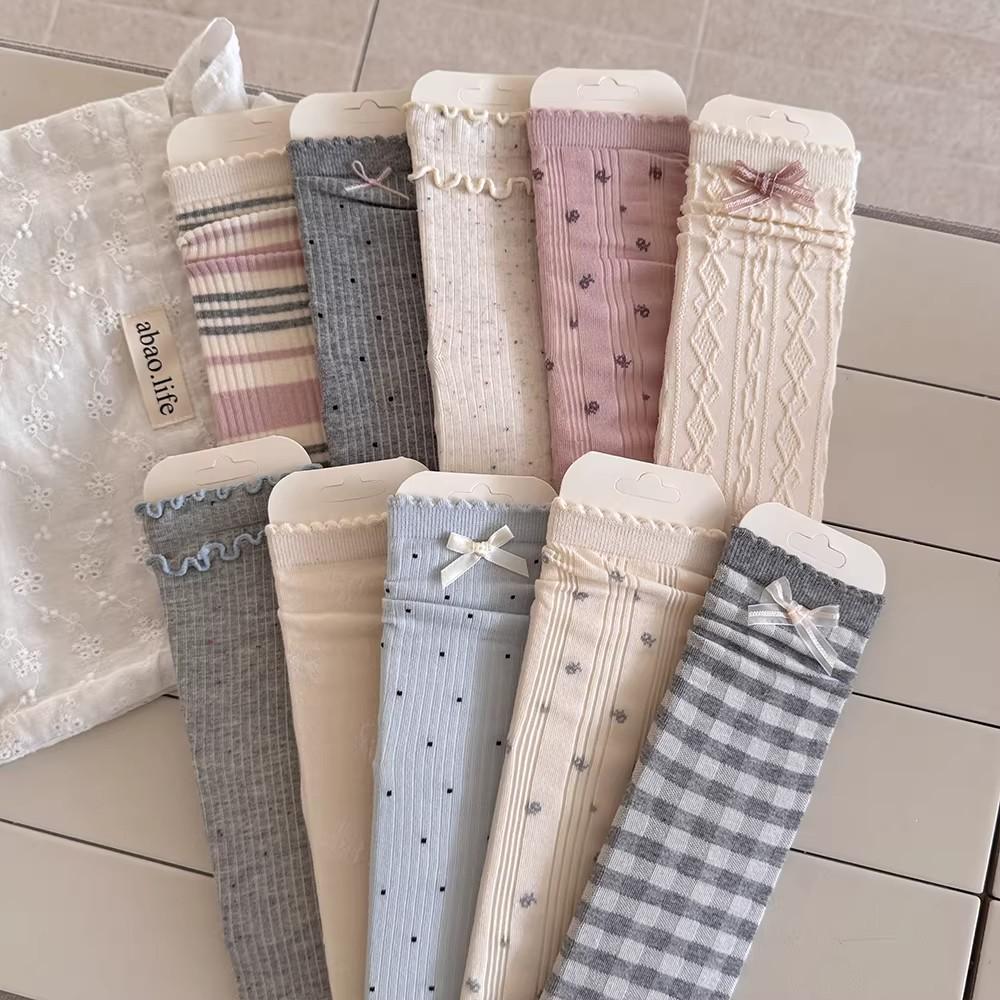 Bowknot Women's Grey-Blue Ballet Style Mid-Calf Socks, Autumn/Winter, Thin Seamless Cotton, Korean Style.