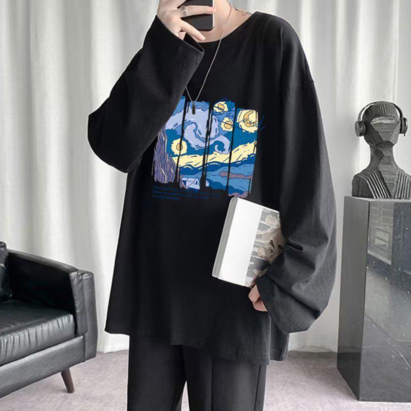 Sweat à capuche imprimé décontracté ample pour homme, haut à manches longues et col rond pour le printemps et l'automne