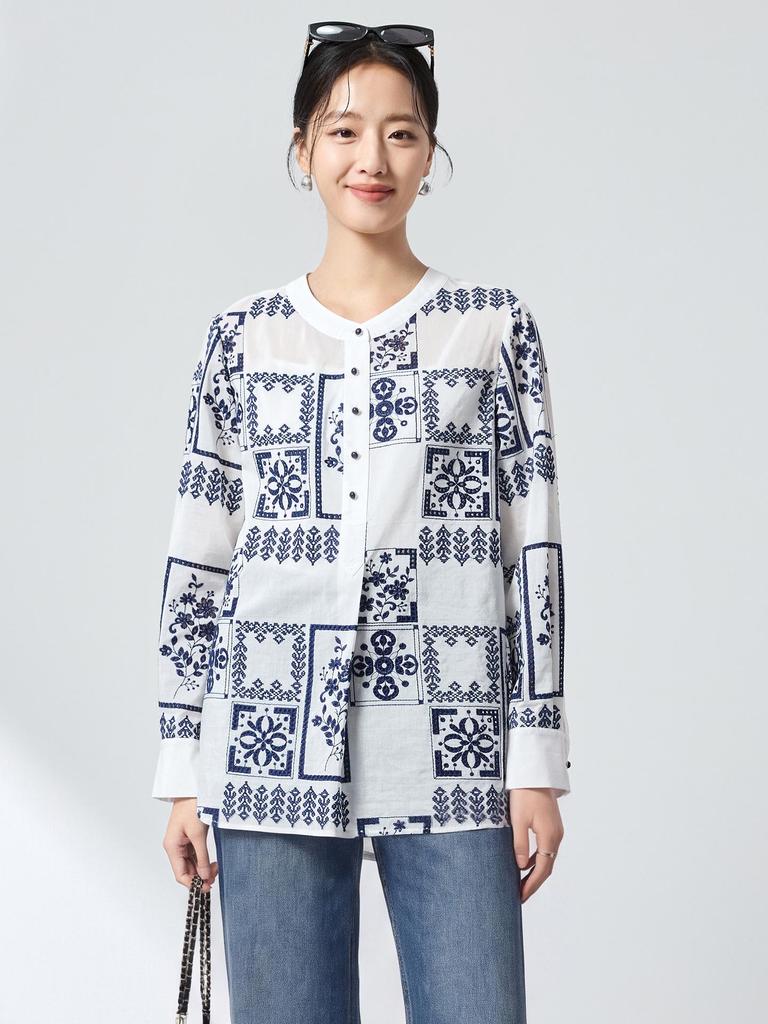 Ink Wash Silk Retro Print Shirt - Spring Slimming Henley Collar Cardigan Top