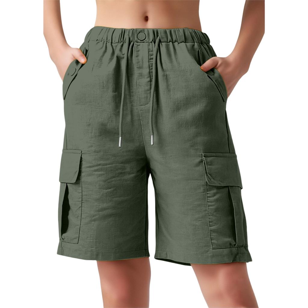 Women's Mid Waist Straight Leg Cargo Shorts Drawstring Pocket Casual Summer Shorts