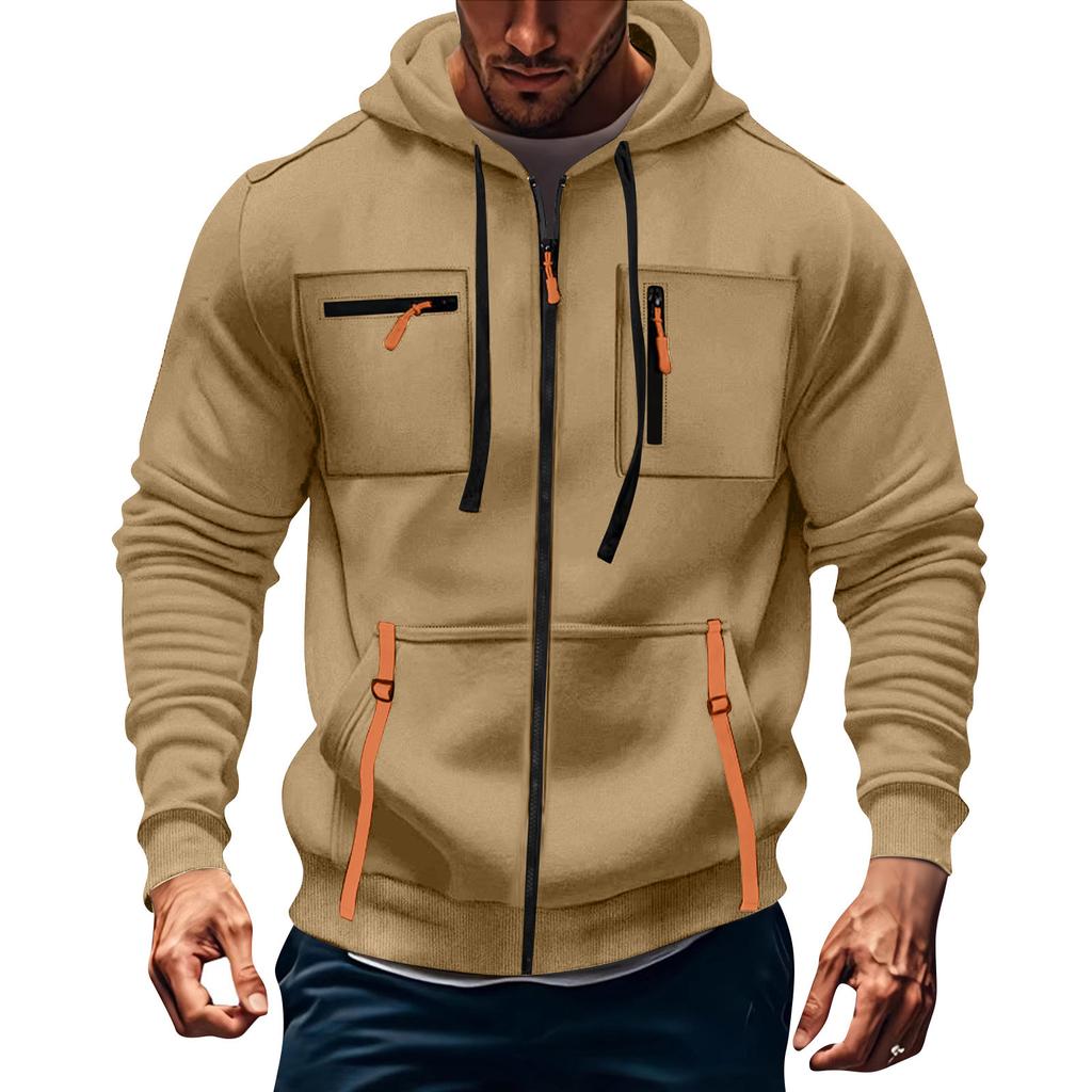 Men's Hoodie Sweatshirt Pocket Decoration Men's Full Zip Solid Color Sweatshirt