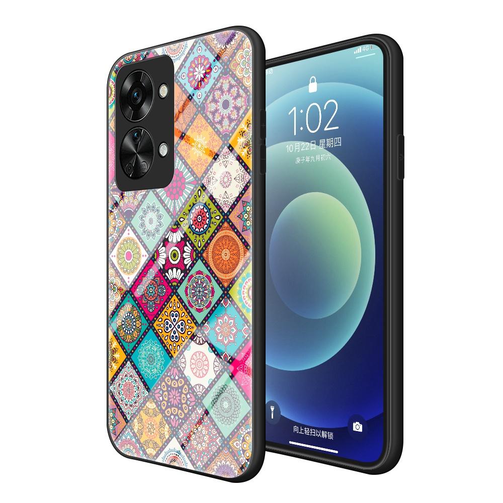 

For OnePlus Nord 2T 5G Flower Pattern Phone Case Tempered Glass+PC+TPU Kickstand Protective Cover with Lanyard Checkered Pattern