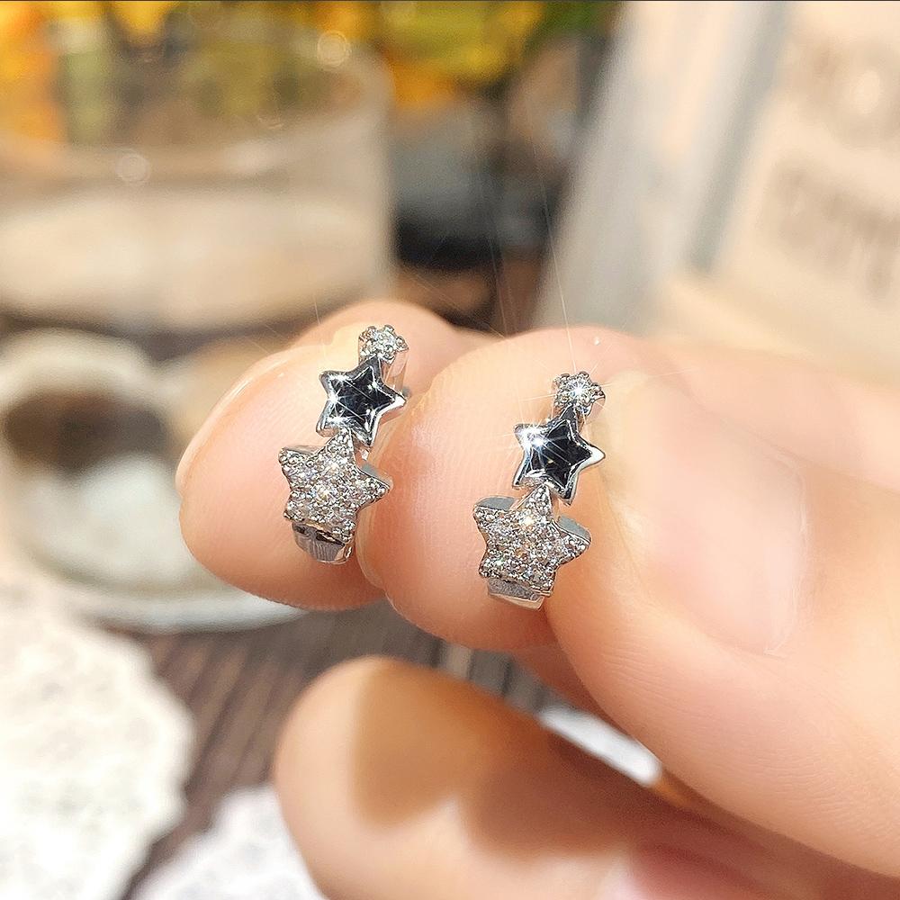 Huitan New Women Star Hoop Earrings with Shiny CZ Delicate Black Star Enamel Circle Earrings Birthday Girl Gift Fashion Zircon